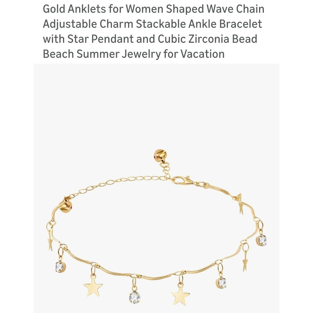 Gold Wave Chain Anklet Women Star Charm Cubic Zirconia Bell‎ Ankle Bracelet NEW